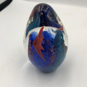 Paperweight Fish aquarium egg Shaped blue with 2 Orange fish VTG Art Glass